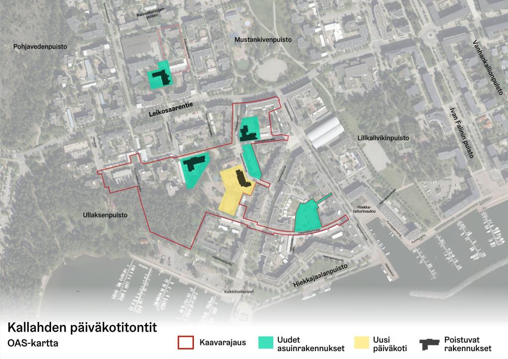 Viitteellinen havainnekuva uudisrakentamisesta. Muutos koskee Kaivonkatsojantien ja Vedenottamontien välistä aluetta sekä Kalkkihiekankujan ympäristöä.Helsingin kaupunki