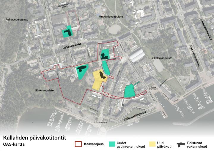 Viitteellinen havainnekuva uudisrakentamisesta. Muutos koskee Kaivonkatsojantien ja Vedenottamontien välistä aluetta sekä Kalkkihiekankujan ympäristöä. Helsingin kaupunki